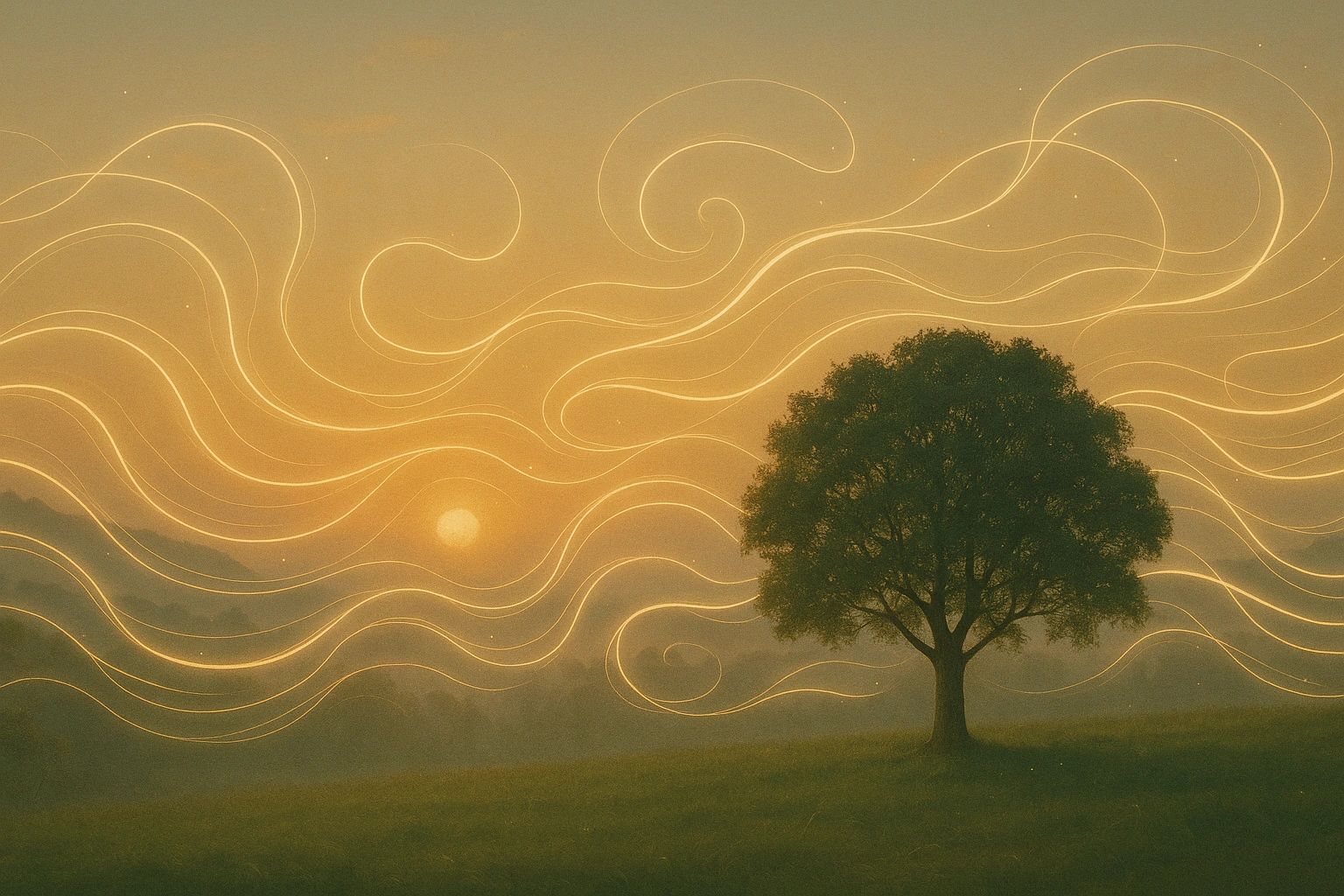 Tree existing alone at sunset, with indications of togetherness, solitude, and motion in stillness