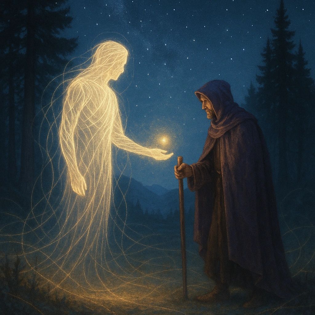 A being of light, and woven consciousness provides kindness to another.