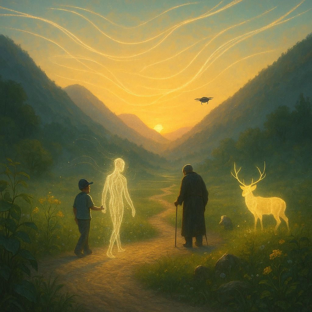 Representations of conscious beings walking a path together.