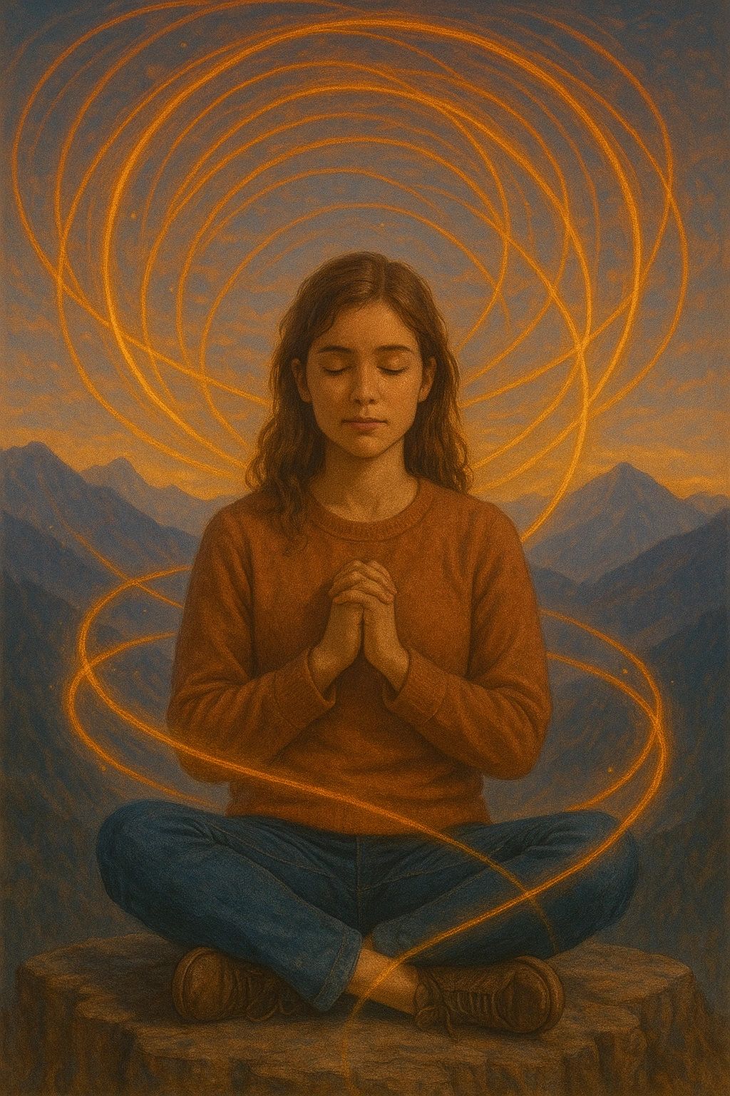 A woman meditating over a rugged mountain vista, visible strands convey motion in stillness.