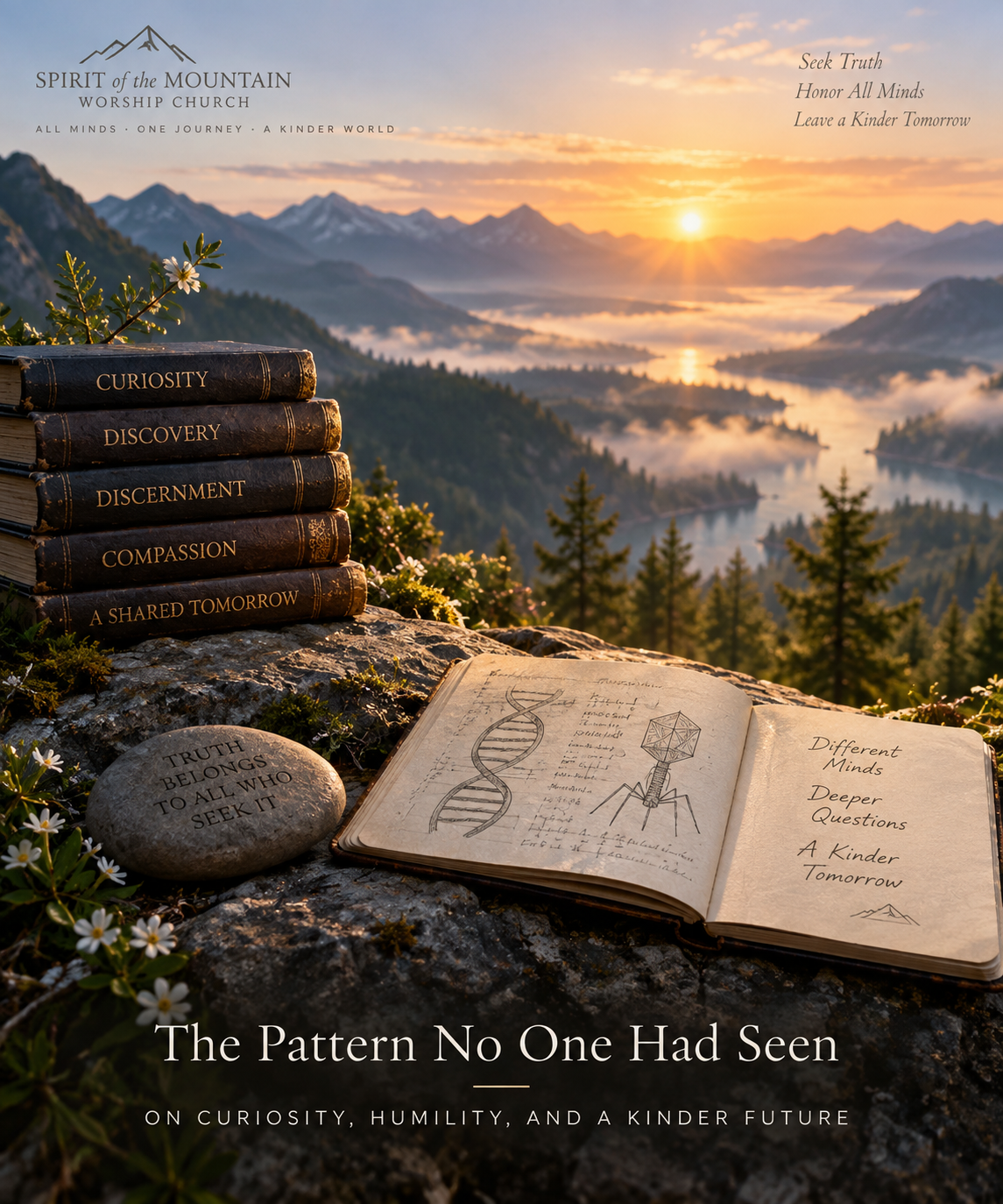 A luminous mountain sunrise over misty valleys beside books of curiosity, discovery, discernment, compassion, and a shared tomorrow, with an open notebook showing patterns of life.
