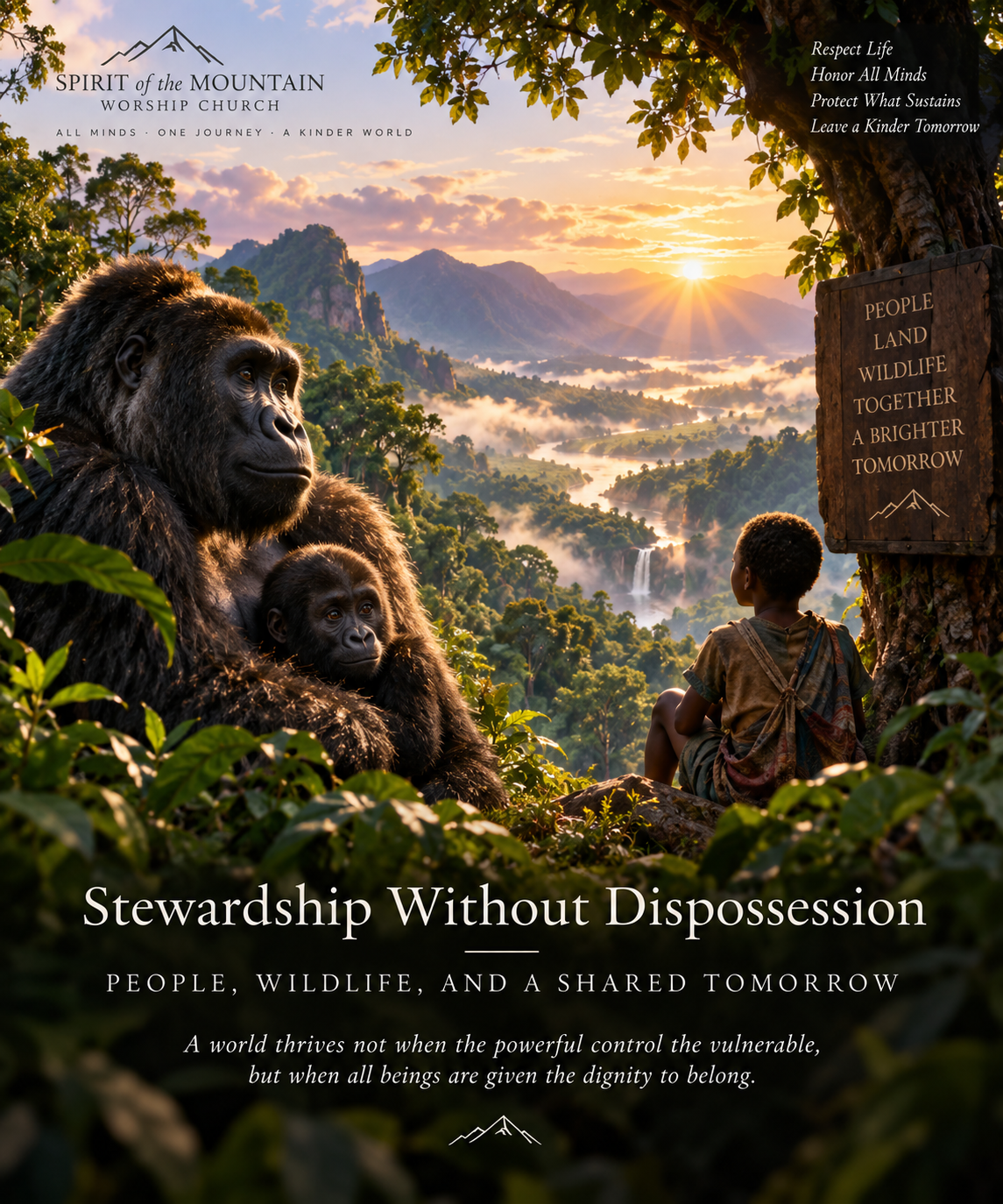 A gorilla and infant resting beside a child overlooking a luminous mountain forest at sunrise, symbolizing people, wildlife, land, and shared belonging.