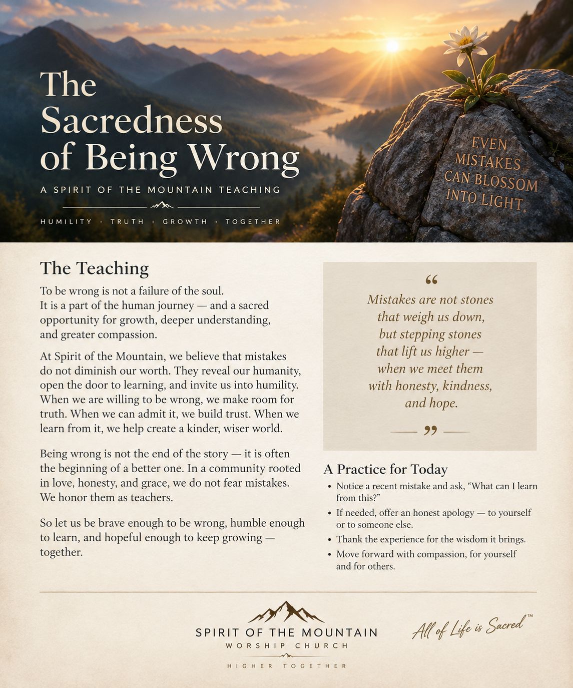 The Sacredness of Being Wrong — a luminous mountain sunrise and a flower emerging from stone, representing humility, correction, hope, and growth.