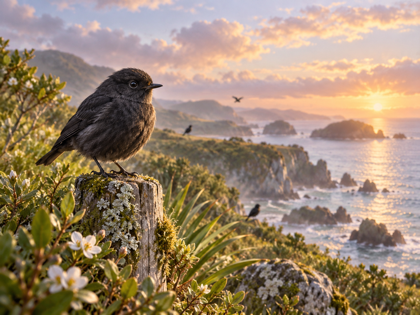 A small black robin perched on a weathered post above a luminous island coastline at dawn, symbolizing fragile life, hope, and stewardship.
