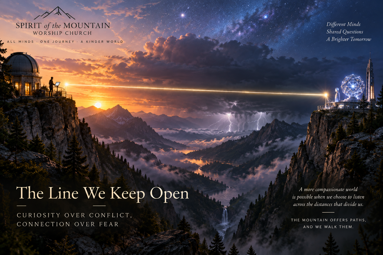 Two distant mountain ridges at twilight connected by a single warm line of light across a storm-filled valley, symbolizing communication, restraint, and cooperation across difference.